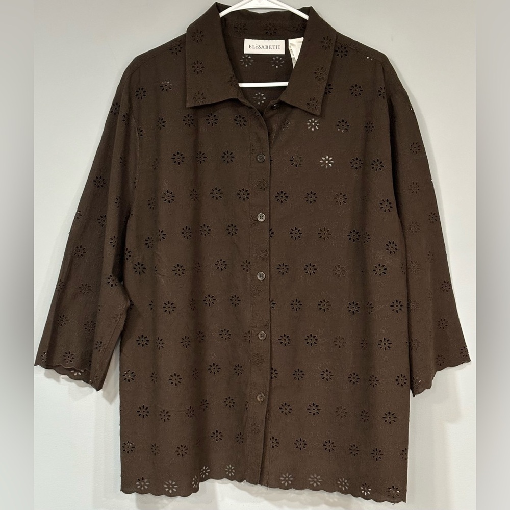 ELISABETH by LIZ CLAIBORNE Brown Eyelet Button Down 3/4 Length Sleeve 2X